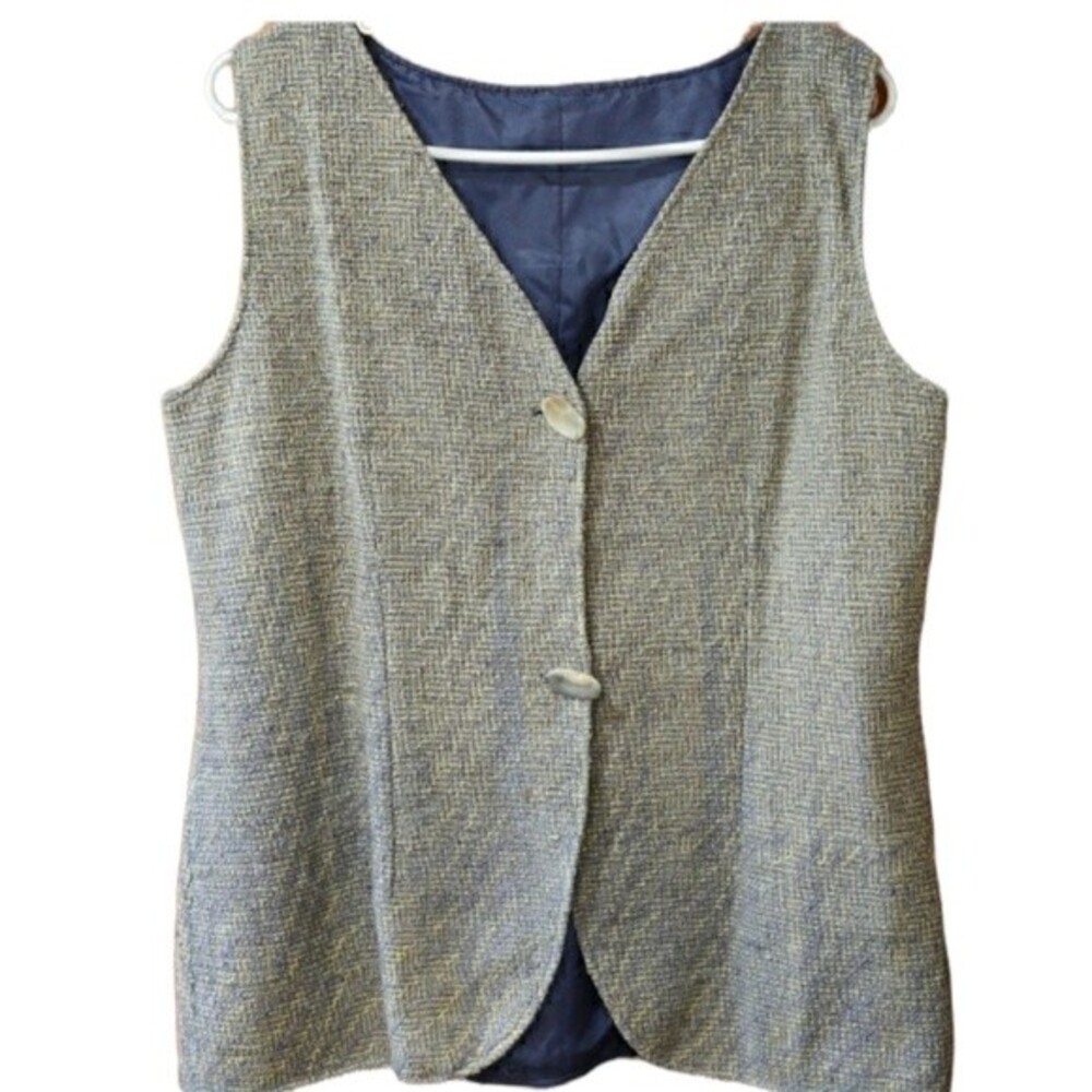 Vintage Blue Tweed Vest with Stone Buttons Classic Waistcoat LG 90s Retro